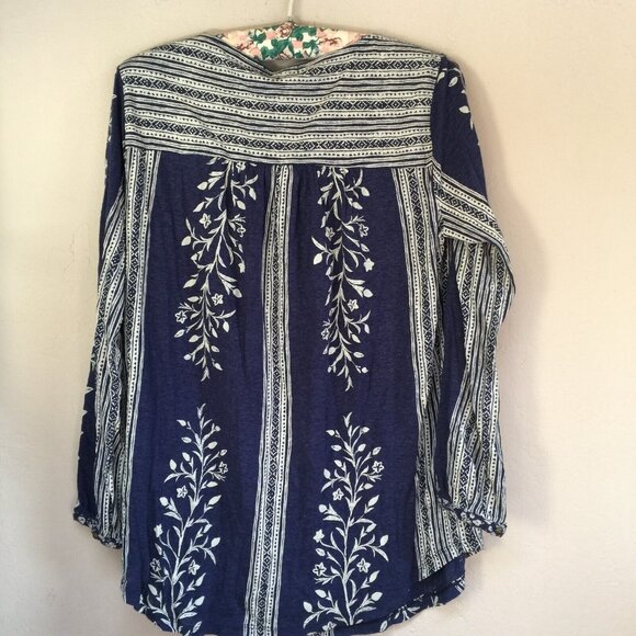 New Lucky Brand Womens Linen Blend Peasant Top Blouse Small 3/4 Sleeve Navy Boho - Picture 2 of 9